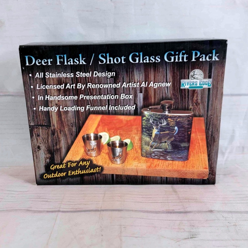 Rivers Edge Deer Flask Shot Glass Gift Pack Stainless Steel Wildlife‎ Artist